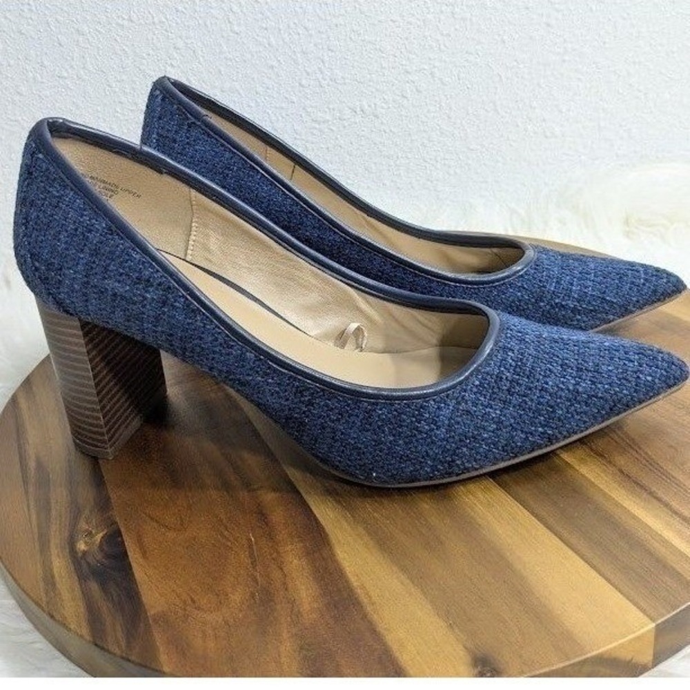 Ann Taylor Factory Women's 10M Navy Blue Tweed Pointed Toe Block Heel Pumps